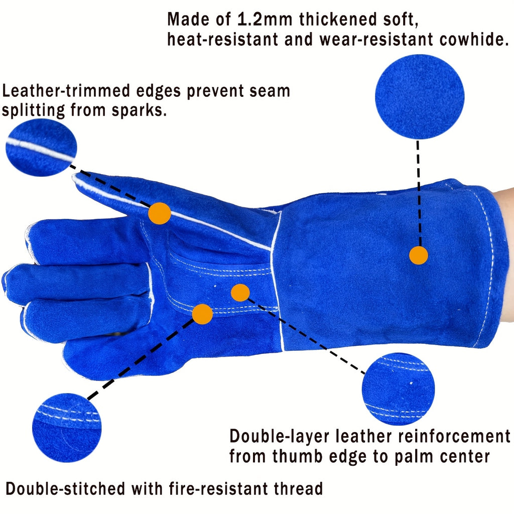 A Set of Durable Cowhide Gloves Designed for Heavy-Duty Work, Featuring High Heat Resistance, Flame Retardant Properties, And Wear Resistance. These Extended Welding Gloves Are Ideal for Driving, Gardening, Agriculture, And Handling Tasks