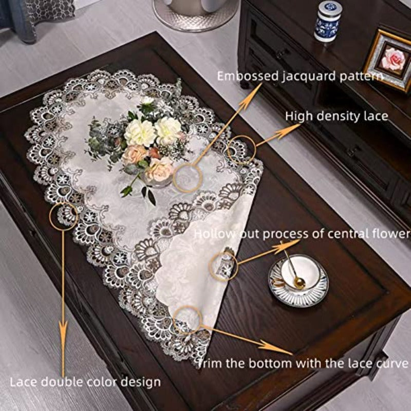 Beige Lace Tablecloth with Embroidery, Suitable for Oval Coffee Tables, Designed to Cover And Protect from Dust, Measuring 23.6'' X 47''. Can Be Used on Washing Machines And Refrigerators